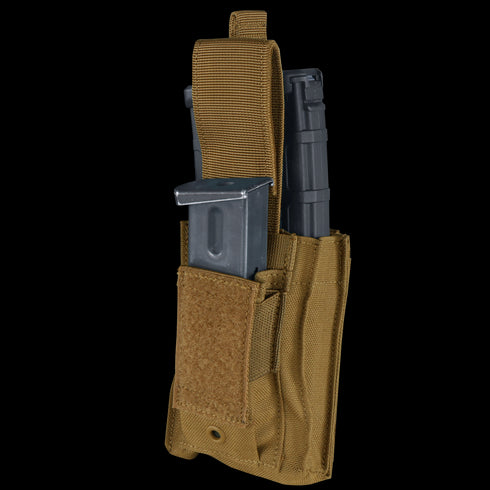The Condor Single Kangaroo Mag Pouch Gen II in Scorpion OCP holds a magazine and multi-tool, both partially visible with the Velcro flap open—ideal for EDC or shooting range use.